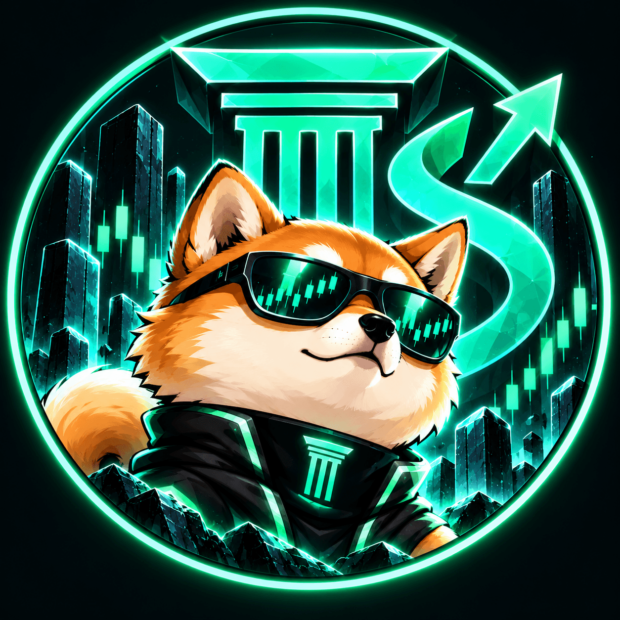 Stockium Inu: a golden Shiba Inu in black sunglasses reflecting green candlesticks